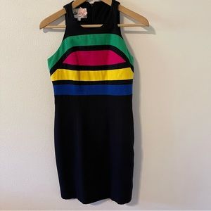 Vintage Linda Segal Colorblock Sheath Midi Dress Black Neon Retro X-Small